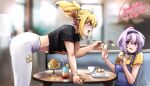  2girls :d absurdres ahoge bent_over black_choker black_hairband black_shirt blonde_hair blue_eyes blurry blurry_background braid braided_base breasts cafe choker citra_(yoemi) cocktail commentary commission crop_top cropped_shirt cup dessert english_commentary feeding feet_out_of_frame food hair_between_eyes hairband highres holding holding_spoon ice_cream indoors looking_to_the_side multiple_girls open_mouth original overalls pants peanut_mouth pendant_choker ponytail ponytail_with_braided_base purple_eyes purple_hair rebecca_blackburn_(storyteller212) shirt short_hair short_sleeves sideways_mouth sitting small_breasts smile spoon stop_(gesture) t-shirt table teacup upper_body white_pants yellow_shirt yoemi 