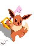  3_fingers 3_toes anthro artist_name big_tail biped black_nose brown_body brown_fur brown_inner_ear_fluff brown_tail dipstick_tail eevee feet fingers fulgito_ast fur generation_1_pokemon head_tuft hi_res holding_melee_weapon holding_object holding_weapon inner_ear_fluff keyblade kingdom_hearts long_ears male markings melee_weapon nintendo open_mouth pawpads pink_pawpads pink_tongue pokemon pokemon_(species) simple_background solo square_enix standing tail tail_markings text toes tongue tuft weapon white_background white_tail_tip 