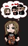 1girl 2boys :3 :d animification baseball_cap bitchyskippy black_background black_hat black_jacket black_shirt blonde_hair brown_hair chibi chibi_only closed_eyes closed_mouth clothes_writing commentary copyright_name cropped_torso dylan_klebold earrings english_commentary english_text eric_harris face-to-face facing_another fewer_digits flat_chest forehead green_eyes grin hair_behind_ear hands_on_own_hips hat hell_yeah_(kmfdm) highres imagining jacket jewelry kmfdm looking_at_viewer medium_hair multiple_boys natalie_rupnow no_nose open_clothes open_jacket outline parted_bangs real_life red_outline shirt short_hair sidelocks simple_background smile solo_focus song_name sparkle speech_bubble sunglasses thick_lineart thought_bubble true_crime u_u v-shaped_eyebrows very_short_hair xtort_(kmfdm) 