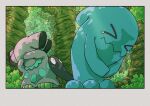  >_< absurdres blue_skin closed_eyes closed_mouth colored_skin covering_own_eyes highres no_humans onamuzi_illust outdoors pokemon pokemon_(creature) pokemon_focus snubbull tail tree wobbuffet 