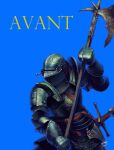  1other absurdres armor blue_background chainmail commentary_request couter cuirass dated fighting_stance gauntlets gweon_jun_young halberd helmet highres holding holding_polearm holding_weapon knight latin_commentary latin_text original other_focus pauldrons photoshop_(medium) plate_armor polearm shoulder_armor signature simple_background solo sword upper_body visor_(armor) weapon 