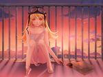  bad_id bad_pixiv_id bakemonogatari barefoot blonde_hair blood camisole doughnut fangs feet food glowing glowing_eyes goggles goggles_on_head helmet highres kayei_nou legs long_hair monogatari_(series) oshino_shinobu panties pastry sitting solo strap_slip underwear vampire 