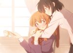  2girls arms_around_neck black_skirt blonde_hair blush bow bowtie brown_eyes brown_hair collared_shirt commentary_request cup curtains dress hair_bow hand_on_another's_arm holding holding_cup hug hug_from_behind long_sleeves maribel_hearn missing_headwear multiple_girls open_mouth purple_dress red_bow red_bowtie shirt shirt_tucked_in skirt sleeve_cuffs touhou unagi_sango usami_renko white_bow white_shirt window yellow_eyes yuri 
