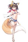  1girl animal_ear_fluff animal_ears bikini bikini_bottom_under_shorts bikini_under_clothes blue_archive blue_bikini blush breasts brown_hair colored_inner_animal_ears commentary_request denim denim_shorts fang fishnet_thighhighs fishnets flower fox_ears fox_girl fox_tail full_body grey_shorts hair_flower hair_ornament highres holding holding_kunai holding_weapon izuna_(blue_archive) izuna_(swimsuit)_(blue_archive) koishi_(kiwi0314) kuji-in kunai looking_at_viewer medium_breasts navel official_alternate_costume one_eye_closed one_side_up open_clothes open_fly open_mouth open_shorts platform_sandals red_scarf rope sandals scarf shimenawa short_hair shorts simple_background single_thighhigh skin_fang skindentation smile solo standing standing_on_one_leg stomach striped_bikini striped_clothes sunflower sunflower_hair_ornament swimsuit tail thigh_strap thighhighs thighs toes visor_cap weapon white_background yellow_eyes yellow_tail 