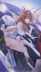  1girl absurdres animal_ear_fluff animal_ears armlet bare_shoulders black_shoes bracelet breasts brown_hair brown_tail china_dress chinese_clothes clover clover_hair_ornament commentary dress droopy_ears fluffy_tail guan_byeol hair_ornament hairband highres holding holding_sword holding_weapon hollow_(zenless_zone_zero) jewelry large_breasts leg_tattoo long_hair metal_bracelet open_mouth pelvic_curtain red_eyes shoes silver_armlet silver_bracelet solo sword tattoo untranslatable_commentary very_long_hair weapon white_dress white_hairband ye_shunguang zenless_zone_zero 