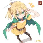  1girl ai-generated belt black_pantyhose blonde_hair blue_eyes bow cape commentary_request derivative_work dragon_quest dragon_quest_ii dress full_body green_cape hair_bow highres jewelry long_hair looking_at_viewer pantyhose ponytail princess_of_samantoria solo sprite_redraw v yellow_dress yuusha_menma 