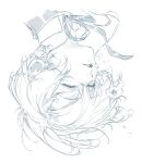  1girl aigis_(persona) air_bubble bubble closed_eyes commentary_request cropped_head floating_clothes floating_hair greyscale hair_between_eyes highres monochrome neck_ribbon parted_bangs parted_lips persona persona_3 ribbon robot_ears sanriyuexiang short_hair sketch solo underwater upside-down white_background 