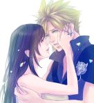  1boy 1girl bare_arms bare_shoulders black_hair blonde_hair blue_eyes breasts cloud_strife commentary_request couple face-to-face fenrir_(final_fantasy) final_fantasy final_fantasy_vii final_fantasy_vii:_advent_children from_side glint goodsign hand_on_another's_cheek hand_on_another's_face hetero highres jewelry large_breasts long_hair looking_at_another parted_lips popped_collar profile red_eyes ribbed_shirt ring shirt short_hair single_shoulder_pad sleeveless sleeveless_shirt spiked_hair tank_top tifa_lockhart upper_body white_background white_tank_top 
