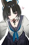  1girl absurdres animal_ears black_hair blue_archive blue_halo blue_neckerchief blue_sailor_collar blue_skirt blush bob_cut breasts cat_ears chocolate choker collarbone commentary covered_nipples halo heart heart-shaped_pupils highres kikyou_(blue_archive) medium_breasts neckerchief pov riel_(rielilu) sailor_collar shirt short_hair skirt solo symbol-shaped_pupils white_shirt 