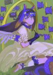 1girl absurdres barefoot black_gloves black_hairband blue_eyes blue_hair closed_mouth dress feet gloves gradient_hair hairband halo highres holding holding_pen hololive hololive_english multicolored_hair ninomae_ina'nis orange_hair pen pinepizza takodachi_(ninomae_ina'nis) tentacle_hair tentacles virtual_youtuber white_dress yellow_halo 