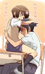  1girl comforting desk glasses hetero hug kneehighs kousaka_kyousuke ore_no_imouto_ga_konna_ni_kawaii_wake_ga_nai petting school_desk school_uniform shoe_dangle shoes sitting sweater_vest tamura_manami translated uwabaki yanagida_fumita 