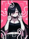  1girl amissio aria_wintermint belt belt_buckle black_belt black_camisole black_choker black_hair black_skirt black_tank_top breasts buckle camisole choker cleavage closed_eyes collarbone commentary crop_top double_v english_commentary goth_fashion hair_over_one_eye heart highres large_breasts long_hair midriff navel negative_frames original parororo pink_background simple_background skirt solo tank_top the_crawling_city v 
