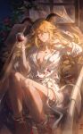  1girl alcohol animal_ears arknights artist_name bathtub blonde_hair commentary cup degenbrecher_(arknights) drinking_glass english_commentary goat_ears goat_girl goat_horns hand_in_own_hair helen_zzhao highres holding holding_cup horns in_bathtub indoors japanese_clothes kimono long_hair looking_at_viewer petals solo very_long_hair white_bathrobe wine wine_glass yellow_eyes yukata 