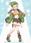  1girl :d aoi_(camp)_(princess_connect!) aoi_(princess_connect!) artist_name beanie belt blush boots breasts choker chokomin commentary_request crop_top elf full_body green_eyes green_hair green_hat green_jacket green_shorts hair_over_one_eye hat highres jacket long_sleeves looking_at_viewer midriff navel open_clothes open_jacket open_mouth pointy_ears pouch princess_connect! shoes short_hair short_shorts shorts smile socks solo sports_bra standing tank_top thigh_belt thigh_strap twitter_username 