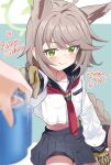 1girl 1other absurdres ahoge animal_ear_fluff animal_ears black_sailor_collar black_skirt blue_archive blurry blurry_foreground blush braid brown_gloves brown_hair character_name closed_mouth commentary_request cup fox_ears fox_girl gloves green_eyes halo happy_birthday heart highres holding holding_cup kazuri_(keiwa-san_yu-ki380) long_hair long_sleeves looking_at_viewer neckerchief otogi_(blue_archive) pleated_skirt pov pov_hands red_neckerchief sailor_collar shirt shorts shorts_under_skirt sitting skirt smile solo_focus swept_bangs upper_body very_long_hair white_shirt 