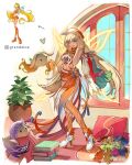  1girl adapted_costume alice_(genshin_impact) andersdotter_(genshin_impact) artist_name barbeloth_(genshin_impact) blonde_hair blue_eyes book book_stack clothes_hanger commentary cosplay crop_top cup dodoco_(genshin_impact) dress english_commentary full_body genshin_impact grandaloe green_dress hand_on_own_hip hand_up hat high_heels highres holding holding_clothes_hanger long_hair looking_at_viewer midriff navel nicole_reeyn one-piece_swimsuit one_eye_closed open_mouth orange_hat orange_one-piece_swimsuit orange_thighhighs plant potted_plant reference_inset rhinedottir_(genshin_impact) shoes solo standing stella_(winx_club) stella_(winx_club)_(cosplay) swimsuit teacup thighhighs transparent_wings unworn_dress unworn_swimsuit very_long_hair white_shoes wings winx_club 