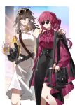  2girls absurdres animal_print bag bare_shoulders black-framed_eyewear black_bag black_collar black_skirt blue_sky blurry blurry_background border breasts brown-tinted_eyewear building buttons chinese_commentary city closed_mouth collar collared_shirt commentary_request cowboy_shot cup disposable_coffee_cup disposable_cup dress drinking_straw earrings evening_gown eyelashes eyewear_on_head gradient_sky grey_hair hair_between_eyes hair_ornament hairclip hand_on_another's_shoulder hands_up high-waist_skirt high_ponytail highres holding holding_bag holding_cup honkai:_star_rail honkai_(series) jewelry kafka_(honkai:_star_rail) kafka_(impression)_(honkai:_star_rail) large_breasts long_hair long_sleeves looking_at_another medium_breasts multiple_girls official_alternate_costume outdoors outside_border pearl_earrings ponytail puffy_long_sleeves puffy_sleeves purple_eyes purple_hair purple_shirt purple_skirt purple_sky round_eyewear shirt shoulder_bag sidelocks single_earring skirt sky skyscraper sleeveless sleeveless_dress smile spider_print spider_web_print standing stelle_(honkai:_star_rail) stelle_(world_tour_2023)_(honkai:_star_rail) sunglasses teeth tinted_eyewear trailblazer_(baseball_raccoon)_(honkai:_star_rail) trailblazer_(honkai:_star_rail) turtleneck turtleneck_dress two-sided_fabric two-sided_skirt wavy_hair white_border white_dress window x_hair_ornament xianyuqihaouki yellow_eyes 