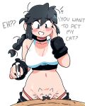  1girl black_choker black_eyes black_hair black_nails blush_stickers braid breasts choker cleavage commentary cowboy_shot do_you_want_to_pet_my_cat_(meme) english_commentary english_text female_pubic_hair fingernails hair_between_eyes hand_on_own_cheek hand_on_own_face hand_up highres holding holding_pen large_breasts long_hair lucia_(scott_malin) meme nail_polish navel open_mouth original panties panty_pull pen pink_panties pubic_hair pussy scott_malin simple_background single_braid solo sports_bra standing swimsuit table uncensored underwear white_background white_mouth white_sports_bra 