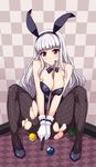  animal_ears blush breasts bunny_ears bunnysuit cleavage cue_stick fishnet_pantyhose fishnets gloves hidebou highres idolmaster idolmaster_(classic) large_breasts long_hair md5_mismatch pantyhose red_eyes shijou_takane shoes silver_hair solo torn_clothes torn_legwear 