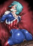  1boy 1girl absurdres all_fours allenby_beardsley aqua_hair arched_back ass bar_censor blue_bodysuit blush bodysuit breasts censored clothing_cutout commentary_request crotch_cutout doggystyle erection g_gundam green_eyes gundam head_tilt hetero highres kaiman_garupan looking_at_viewer looking_back loving_aura mecha_pilot_suit mobile_trace_suit motion_lines multicolored_bodysuit nose_blush on_bed open_mouth penis pov red_bodysuit sex sheet_grab shiny_clothes short_hair sidelocks smile sweat turning_head 