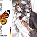  1girl absurdres animal_ears arknights breasts brown_hair bug butterfly commentary earrings extra_ears flower gauntlets hair_between_eyes highres jewelry khrnnfz long_hair looking_at_viewer lying medium_breasts mole mole_above_eye penance_(arknights) single_gauntlet solo tail white_flower wolf_ears wolf_girl wolf_tail yellow_butterfly yellow_eyes 