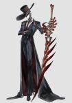  1boy alternate_universe black_coat black_hat black_pants black_shoes black_vest blood_string bone_weapon callisto_(project_moon) coat commentary_request full_body hat highres holding holding_sword holding_weapon lapels large_hat lcb_uniform_(project_moon) limbus_company male_focus necktie notched_lapels organic_weapon pants planted planted_sword project_moon red_necktie robot_boy shoes simple_background sironuri9mlv skin_seams solo standing sword vest weapon white_background wide_brim 
