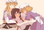  3girls back_bow black_hat black_skirt blonde_hair bow breast_pocket breasts closed_eyes collarbone collared_dress collared_shirt commentary_request contrast_collar dress elbow_gloves frilled_dress frills gap_(touhou) gloves hair_bow hand_on_another's_cheek hand_on_another's_face hat hat_bow hat_ribbon holding_another's_wrists long_hair long_sleeves maribel_hearn medium_hair mob_cap multiple_girls necktie partially_open_shirt pocket puffy_short_sleeves puffy_sleeves purple_dress red_bow red_necktie red_ribbon ribbon sash shirt short_sleeves skirt touhou unagi_sango undone_necktie untying usami_renko white_bow white_gloves white_hat white_sash white_shirt yakumo_yukari yuri 
