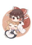  2girls :t apron back_bow black_skirt black_vest blonde_hair blue_bow blue_bowtie blush bow bowtie braid brown_eyes brown_hair chibi chibi_only commentary_request detached_sleeves frilled_bow frilled_hair_tubes frills hair_bow hair_tubes hakurei_reimu highres kirisame_marisa long_hair missing_headwear multi-source_commentary multiple_girls pout red_bow red_skirt side_braid single_braid skirt skirt_set sleepy squiggle touhou uzuki_(amayadori) vest waist_apron white_apron yawning 