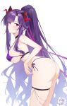  1girl absurdres ass azur_lane bikini breasts closed_mouth from_side high_ponytail highres horns huge_ass large_breasts light_blush light_smile long_hair looking_at_viewer mole mole_under_eye official_alternate_costume ping_zhong_yu ponytail purple_bikini purple_eyes purple_hair purple_nails red_horns sideboob signature simple_background solo swimsuit thigh_strap u-2501_(azur_lane) u-2501_(treasure_behind_the_water_curtain)_(azur_lane) very_long_hair white_background 