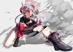  1girl ahoge antenna_hair antennae arknights arm_behind_back black_boots black_shirt boots breasts commentary_request demon_girl demon_horns demon_tail full_body grey_background grey_hair highres holding holding_knife holding_weapon horns jacket knife looking_up magnum_0000 medium_breasts medium_hair nail_polish on_one_knee open_mouth parted_lips red_eyes red_horns red_jacket red_nails sharp_teeth shirt sidelocks simple_background smirk smoke solo tail teeth w_(arknights) weapon wis'adel_(arknights) 