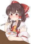  1girl bare_shoulders blowing_on_food blush bow bowl brown_hair chopsticks closed_mouth colored_eyelashes commentary_request detached_sleeves eating egg_(food) egg_yolk food frilled_bow frilled_hair_tubes frills hair_bow hair_tubes hakurei_reimu highres holding holding_bowl holding_chopsticks japanese_clothes kamaboko long_hair necktie nontraditional_miko noodles red_bow red_eyes red_shirt ribbon-trimmed_sleeves ribbon_trim shirt sidelocks simple_background solo soup thick_eyelashes touhou udon upper_body uzuki_(amayadori) white_background yellow_necktie 