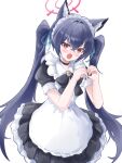  1girl absurdres alternate_costume animal_ear_fluff apron bell black_bow black_bowtie black_choker black_dress black_hair blue_archive blue_ribbon blush bow bowtie breasts chinese_commentary choker commentary_request cowboy_shot crossed_bangs dress enmaided extra_ears fang frilled_apron frilled_dress frills full_body hair_between_eyes hair_intakes hair_ribbon halo hands_up heart heart_hands highres jingle_bell long_hair looking_at_viewer maid maid_apron maid_headdress neck_bell open_mouth puffy_short_sleeves puffy_sleeves red_eyes red_halo ribbon serika_(blue_archive) short_sleeves sidelocks simple_background solo sweatdrop tsurime twintails v-shaped_eyebrows very_long_hair white_apron white_background yang_any_mao 