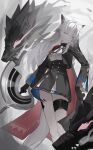  1girl absurdres aiguillette animal_ears arknights black_cape black_gloves black_jacket black_skirt bolo_tie cape commentary gloves grin high-waist_skirt highres holding holding_weapon jacket kuaspa lappland_(arknights) lappland_the_decadenza_(arknights) long_hair long_sleeves looking_at_viewer material_growth oripathy_lesion_(arknights) red_cape scar scar_across_eye scar_on_face skirt smile solo standing tail two-sided_cape two-sided_fabric weapon white_eyes white_hair wolf_ears wolf_girl 
