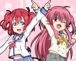  2girls :d ;d ahoge angel_beats! aqua_eyes arm_up arrow_(symbol) black_choker blue_sailor_collar blue_skirt blush bow bowtie buttons choker commentary cosplay costume_switch cowboy_shot crossover demon_tail double-breasted eyes_visible_through_hair fangs grey_sailor_collar grey_skirt hair_between_eyes hand_up heart index_finger_raised kurosawa_ruby kurosawa_ruby_(cosplay) long_hair long_sleeves love_live! love_live!_sunshine!! midriff_peek miniskirt multiple_girls neckerchief one_eye_closed open_mouth paw_pose pink_background pink_eyes pink_hair pink_neckerchief pleated_skirt red_hair sailor_collar school_uniform serafuku shinda_sekai_sensen_uniform shirt sidelocks simple_background skirt smile sooki sparkle star_(symbol) tail tareme teeth two_side_up upper_teeth_only v-shaped_eyebrows very_long_hair yellow_bow yellow_bowtie yellow_shirt yui_(angel_beats!) yui_(angel_beats!)_(cosplay) 
