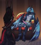  2026 anthro avian balls beak biped butt canid canine canis claws clothed clothed_anthro clothed_male clothing digital_drawing_(artwork) digital_media_(artwork) duo erection feathers feet fingers front_view fur genitals gryphon hair hi_res horn jackal male mammal mythological_avian mythological_creature mythology navel penis rear_view sitting standing tail thalislixeon toes wings 