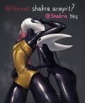  2girls antennae arm_up armpits arthropod_girl ass bakushin_o_armpit_gif_(meme) black_skin breasts colored_skin completely_nude english_text hand_on_own_head highres hollow_eyes hollow_knight hollow_knight:_silksong hornet_(hollow_knight) ishwacha leotard licking licking_armpit meme multiple_girls no_nipples nude presenting_own_armpit shakra_(hollow_knight) small_breasts strapless strapless_leotard thighs yuri 