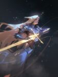  1girl armor arms_up blonde_hair breastplate breasts check_copyright closed_mouth commentary copyright_request curtained_hair dutch_angle english_commentary facial_mark highres holding holding_sword holding_weapon jiunn_kuo knight long_hair original pauldrons profile shoulder_armor skirt sky solo star_(sky) starry_sky sword very_long_hair weapon yellow_eyes 
