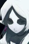  1girl black_background closed_mouth commentary earrings elf expressionless frieren greyscale_with_colored_background highres jewelry long_hair looking_at_viewer parted_bangs pointy_ears portrait robarts_15 short_eyebrows solo sousou_no_frieren spot_color teardrop_earrings thick_eyebrows 