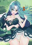  1girl absurdres aqua_hair arm_under_breasts azusa_(azchemist63) blush bow braid breasts cameltoe chloe_(fire_emblem) chloe_(pegasus_dress)_(fire_emblem) cleavage commentary_request commission earrings embarrassed fire_emblem fire_emblem_engage green_eyes hand_up highres jewelry large_breasts looking_down open_mouth orange_bow panties pixiv_commission side_braid teardrop_earrings thick_thighs thighs underwear wardrobe_malfunction white_panties 