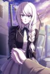  1girl 2nd_scenario_(hundred_line) absurdres black_jacket blood blood_on_face braid child commentary_request fingernails grey_hair highres holding holding_hands jacket kirifuji_nozomi long_hair necktie open_mouth pov pov_hands purple_eyes purple_jacket ritsuka_sakura shirt skirt surprised the_hundred_line_-last_defense_academy- white_hair white_shirt 