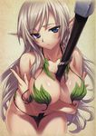  absurdres alleyne_(queen's_blade) between_breasts between_thighs bikini blonde_hair blue_eyes braid breast_hold breasts cleavage elf highres large_breasts leaf leaf_bikini long_hair matsuryuu pointy_ears queen's_blade side_braid solo swimsuit 