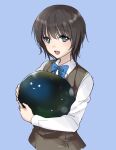  1girl 1other aoi_erika black_hair blue_bow blue_bowtie blue_eyes bow bowtie creature grey_vest heaven_burns_red holding holding_creature katase_nano looking_at_viewer narby_(heaven_burns_red) open_mouth shirt short_hair slime_(creature) vest white_shirt 