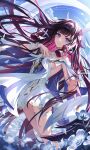  1girl absurdres bare_shoulders black_hair blue_flower bow breasts columbina_(genshin_impact) commentary dress feet_out_of_frame fingernails flower genshin_impact hair_ornament hand_up highres leaning_back long_hair looking_at_viewer medium_breasts nez39 outstretched_arm parted_lips purple_eyes purple_hair sidelocks smile solo untranslatable_commentary unusually_open_eyes very_long_hair white_bow white_dress wing_hair_ornament wrist_bow 