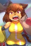  1girl absurdres animal_ears bare_shoulders bodysuit brown_hair cat_ears cat_girl cat_tail dark-skinned_female dark_skin dress english_commentary furry furry_female gameoverse gauntlets goggles goggles_on_head hand_in_another's_mouth highres kit_(gameoverse) looking_at_viewer open_mouth short_hair tail toon_(style) vilde_loh_hocen whiskers yellow_dress yellow_gauntlets 