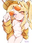  1girl absurdres animal_ear_fluff animal_ears blonde_hair blue_archive breasts clothing_cutout covered_navel cross_halo diamond_cutout fox_ears fox_girl fox_tail from_above halo highleg highleg_one-piece_swimsuit highres jacket long_hair looking_at_viewer nadeko03 official_alternate_costume official_alternate_hairstyle one-piece_swimsuit orange-tinted_eyewear orange_eyes seia_(blue_archive) seia_(swimsuit)_(blue_archive) side_ponytail simple_background small_breasts solo sunglasses swimsuit tail tinted_eyewear visor_cap white_background white_one-piece_swimsuit yellow_halo yellow_jacket yellow_visor 