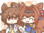  2girls agnes_tachyon_(tach-nology)_(umamusume) agnes_tachyon_(umamusume) ahoge animal_ears blue_bow blue_jacket blue_shirt blush blush_stickers bow brown_hair chemical_structure closed_eyes coat collared_shirt commentary daiwa_scarlet_(peak_blue)_(umamusume) daiwa_scarlet_(umamusume) diagonal-striped_background earrings epaulettes fang hair_between_eyes hair_intakes hair_ribbon heart horse_ears horse_girl horse_tail jacket jewelry lab_coat locked_arms long_hair medium_hair multiple_girls open_clothes open_coat open_mouth orange_hair pleated_skirt red_eyes ribbon shirt shitou_(fuwatoga) silver_tiara single_earring skirt smile striped_background sweater tail test_tube tiara twintails umamusume very_long_hair white_shirt yellow_sweater 
