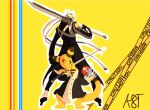 2025 ampharos artist_name atlus biped clothed clothing dipstick_tail duo feral fulgito_ast generation_2_pokemon hi_res holding_melee_weapon holding_object holding_weapon katana long_tail looking_at_viewer male markings megami_tensei melee_weapon nintendo persona_(series) persona_4 pokemon pokemon_(species) red_tail_tip sega simple_background standing sword tail tail_markings text weapon yellow_background yellow_body yellow_skin yellow_tail yu_narukami