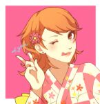  1girl blush border brown_eyes brown_hair checkered_clothes checkered_kimono closed_mouth earrings english_commentary eyelashes flipped_hair floral_print floral_print_kimono flower hair_flower hair_ornament japanese_clothes jewelry kimono lips long_sleeves looking_at_viewer lowres nail_polish official_alternate_costume one_eye_closed outside_border persona persona_3 pink_background pink_flower pink_kimono pink_lips pink_nails print_kimono short_hair shuyukas signature solo stud_earrings takeba_yukari tongue tongue_out upper_body v white_border yukata 