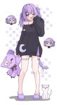  1girl :3 :o ;o alternate_costume anku arm_belt bandaged_leg bandaged_tail bandages barcode barcode_tattoo belt blush_stickers bow cat cat_tail chibi chibi_inset closed_eyes collarbone commentary_request crescent_print double-parted_bangs eyepatch footwear_bow full_body ghost_hair_ornament hair_between_eyes hair_ornament hair_ribbon hair_tie hand_up hat heart heart_eyepatch highres holding holding_stuffed_toy leg_tattoo long_sleeves nightcap one_eye_closed pigeon-toed puffy_long_sleeves puffy_sleeves purple_bow purple_hair purple_slippers ribbon rubbing_eyes shinomiya_runa simple_background single_bare_shoulder single_off_shoulder sleeves_past_wrists slippers solo_focus standing striped_blush striped_bow stuffed_toy tail tattoo two_side_up virtual_youtuber vspo! white_belt white_bow white_cat yawning yellow_eyes 