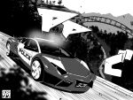  absurdres artist_logo artist_name bridge car commentary english_commentary greyscale highres initial_d lamborghini lamborghini_reventon landscape logo monochrome motor_vehicle need_for_speed need_for_speed:_hot_pursuit_(2010) no_humans outdoors police_car sorithespooky sound_effects vehicle_focus 